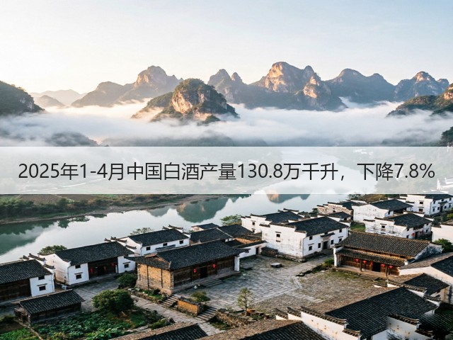 2025年1-4月中国白酒产量130.8万千升，下降7.8%(图1)